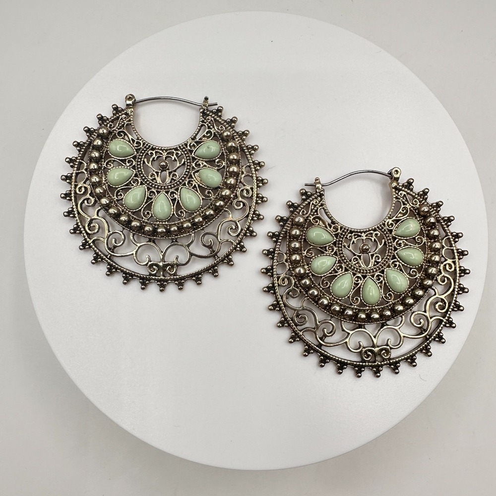 Vintage 90s Mint Green Resin Hoop Earrings Gold Tone Women's Jewelry